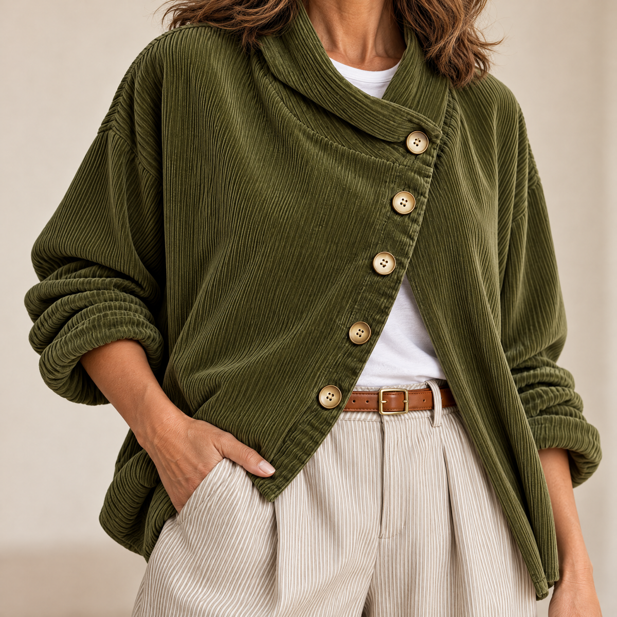 Wearbella Funnel Collar Corduroy Top - pocket detail