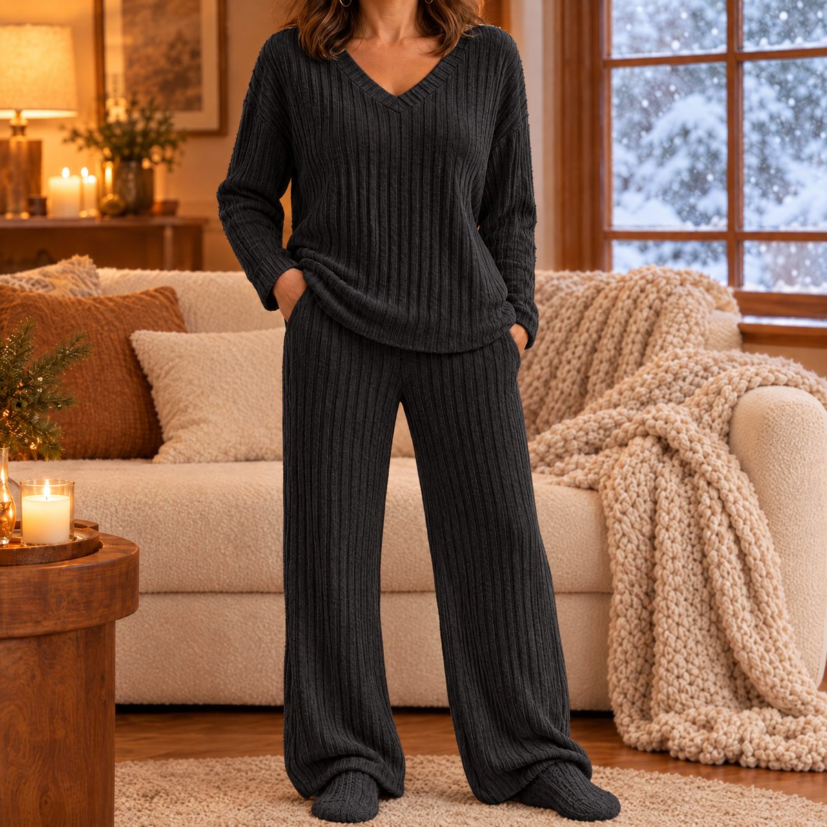 Ribbed Knit Lounge Set - Black