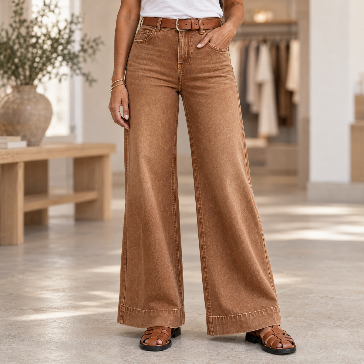 Longline Denim Look Wide-Leg Jeans Dark Brown - Hero