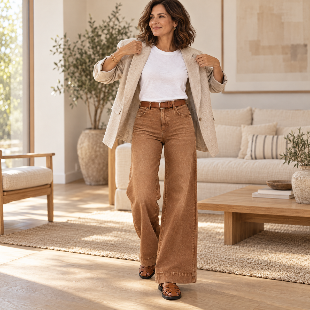 Longline Denim Look Wide-Leg Jeans Dark Brown - Blazer Styling