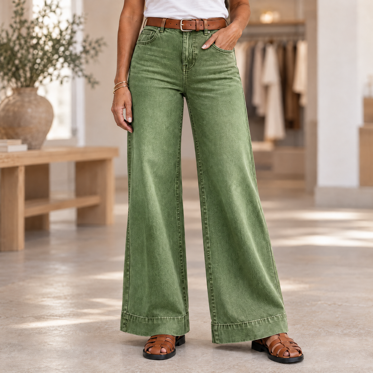 Longline Denim Look Wide-Leg Jeans Army Green - Variant