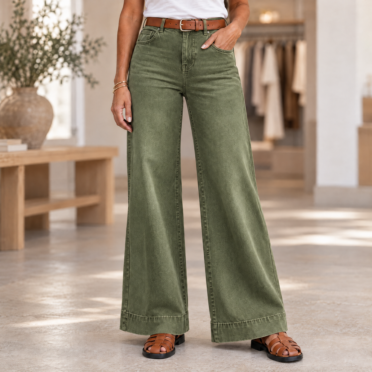 Longline Denim Look Wide-Leg Jeans Olive Green - Variant