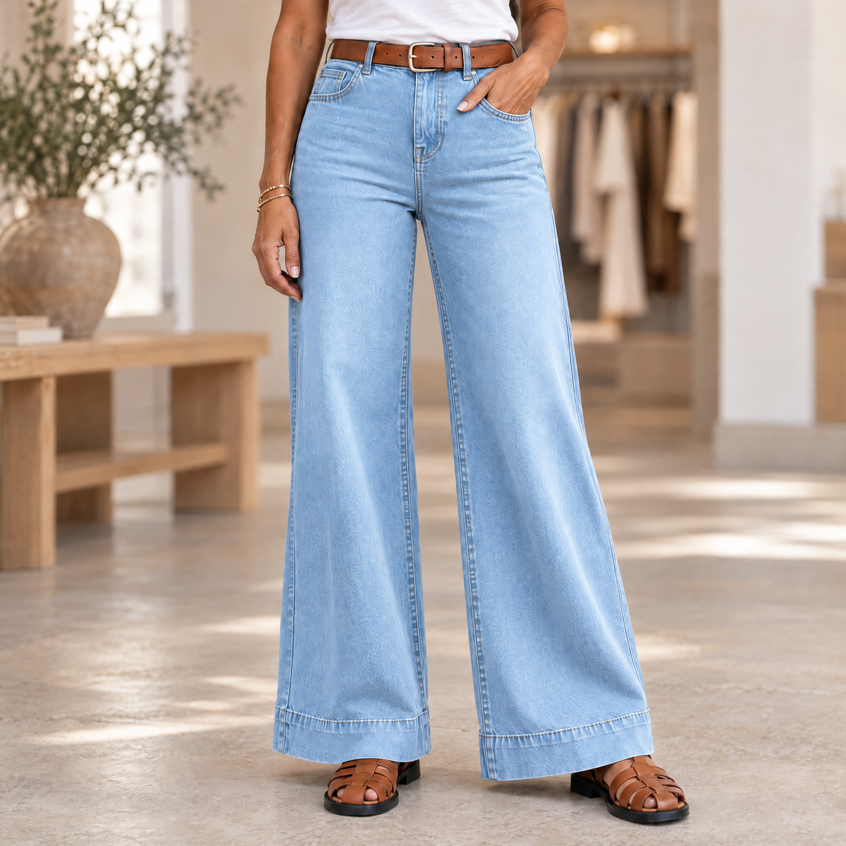 Longline Denim Look Wide-Leg Jeans Sky Blue - Variant