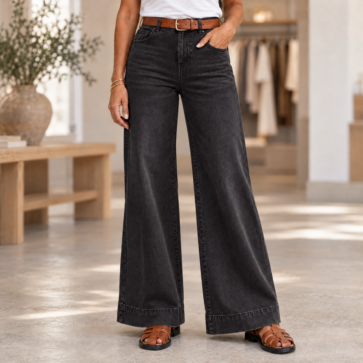 Longline Denim Look Wide-Leg Jeans Washed Black - Variant