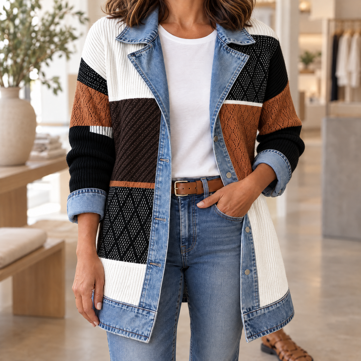 Ribova Ribbed Knit Coat Color Block Variant