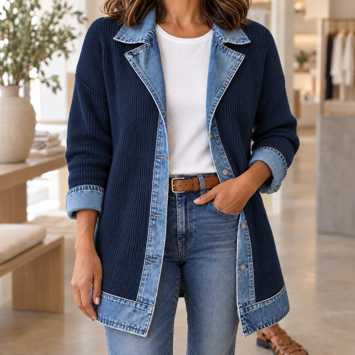 Ribova Ribbed Knit Coat Navy Variant