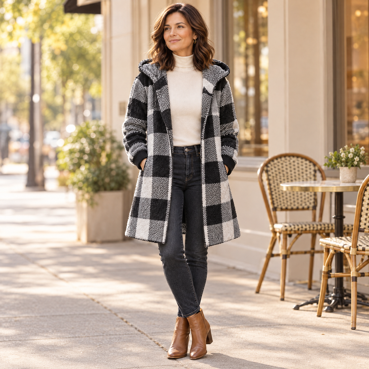 Plaidelle Oversized Plaid Hooded Fleece Cardigan - lifestyle full body view
