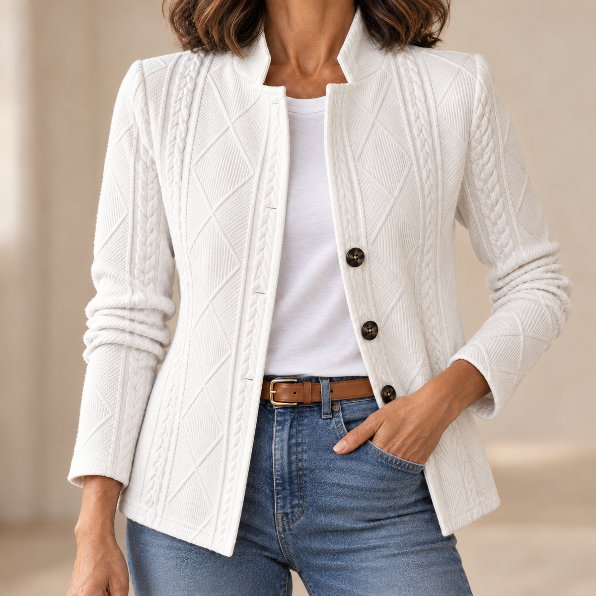 Wearbella Textured Knit Stand-Collar Blazer - pocket detail