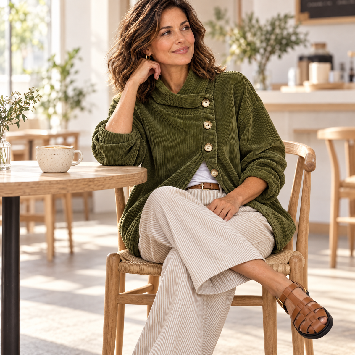 Wearbella Funnel Collar Corduroy Top - seated lifestyle
