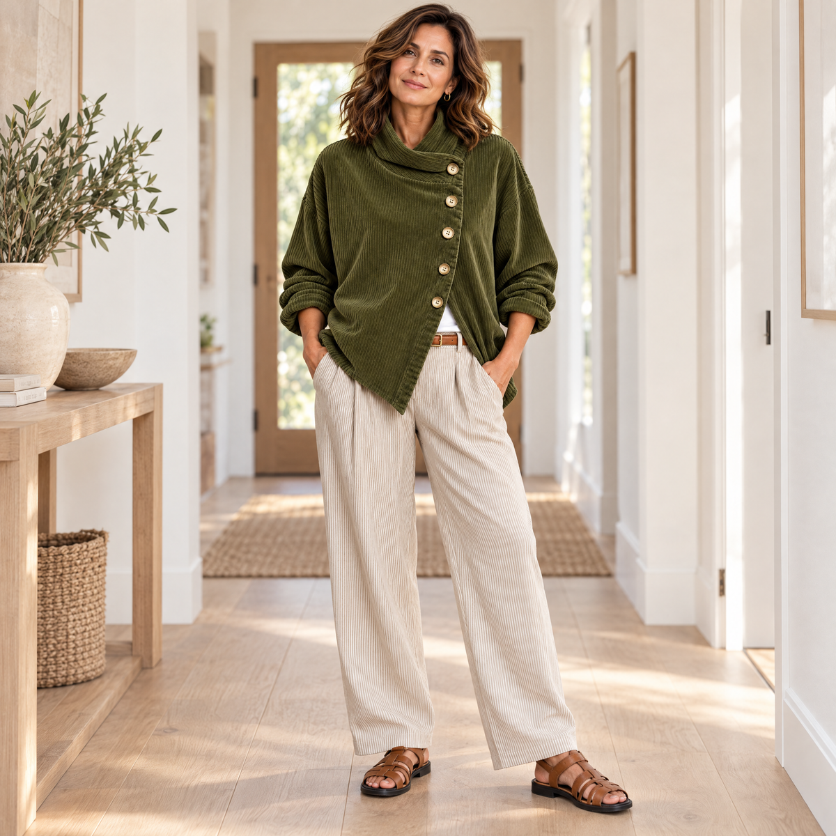 Wearbella Funnel Collar Corduroy Top - editorial full body