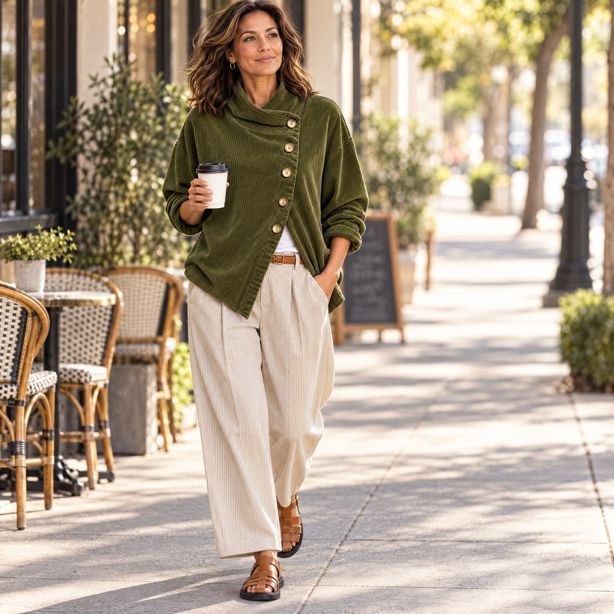 Wearbella Funnel Collar Corduroy Top - walking lifestyle