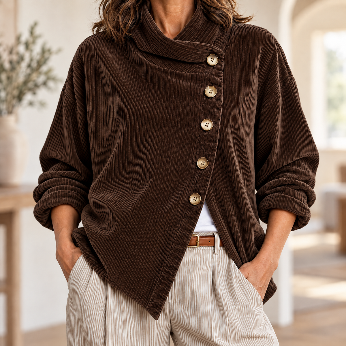 Wearbella Funnel Collar Corduroy Top - Brown color variant