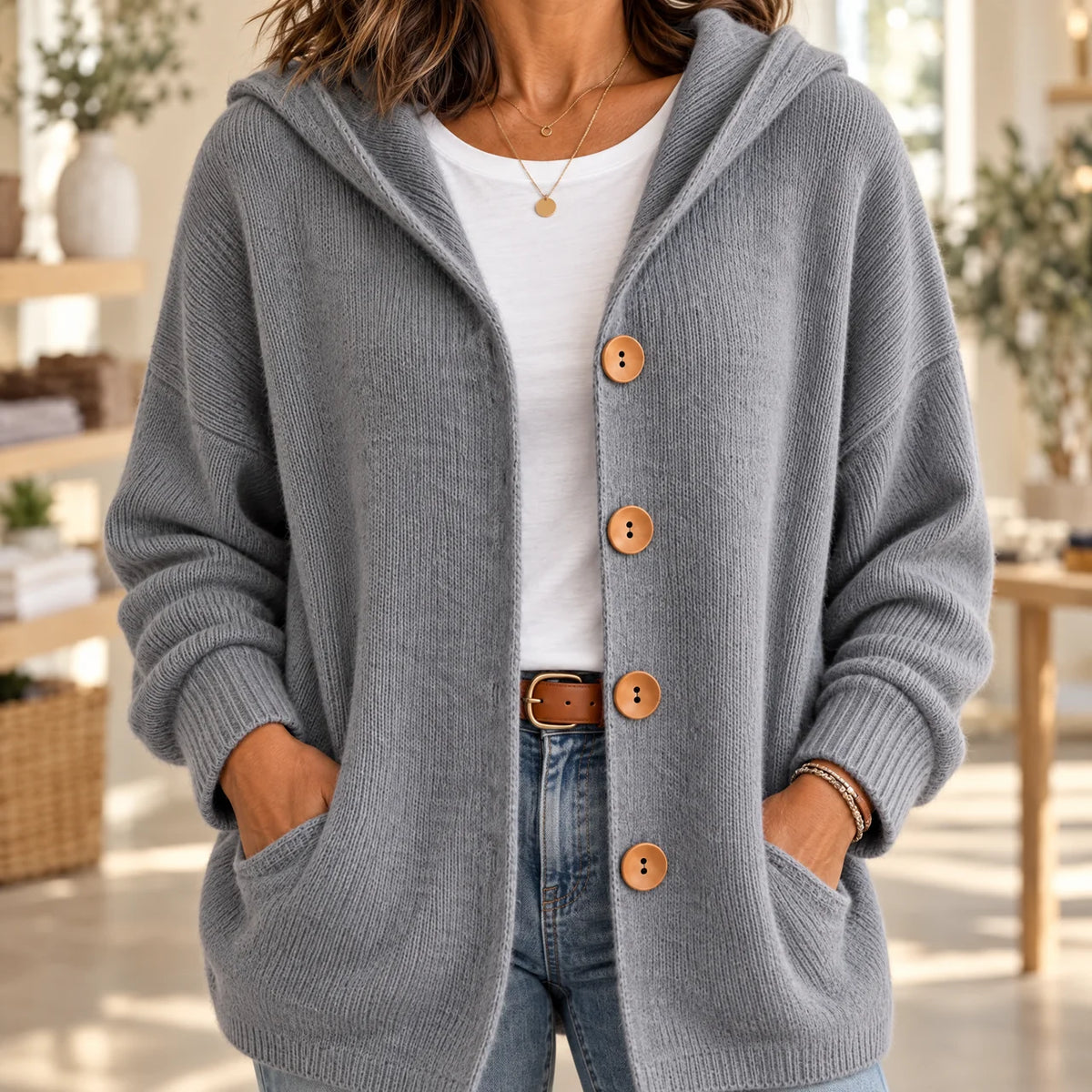 Wearbella – Hooded Waffle-Knit Button-Front Cardigan