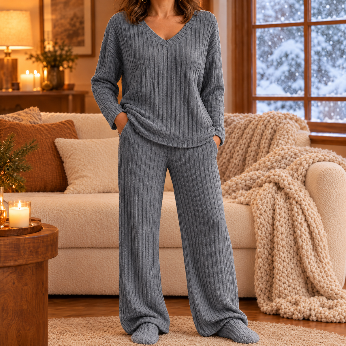 Ribbed Knit Lounge Set - Gray