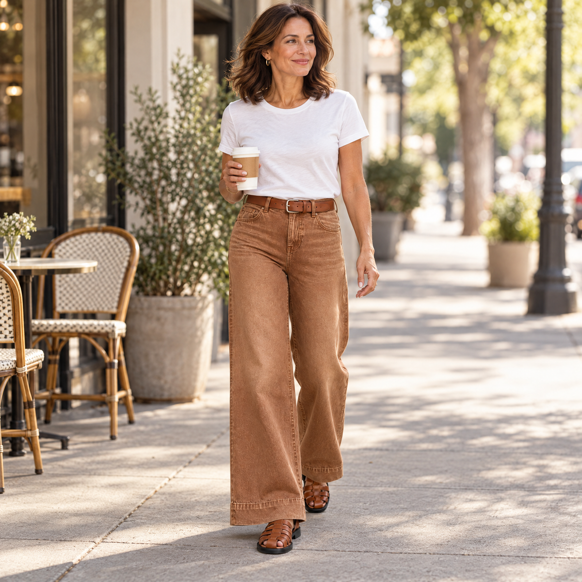 Longline Denim Look Wide-Leg Jeans Dark Brown - Walking Lifestyle
