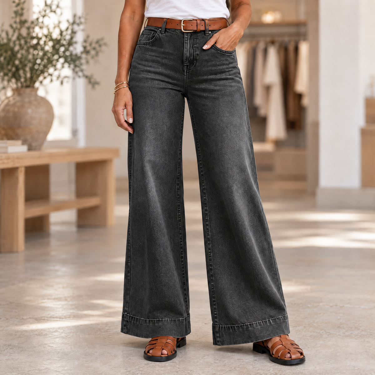 Longline Denim Look Wide-Leg Jeans Dark Grey - Variant
