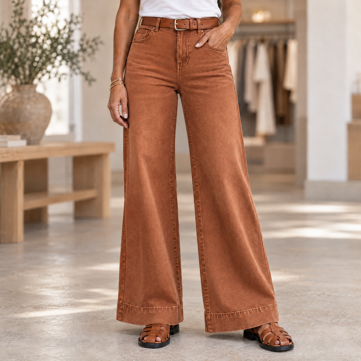 Longline Denim Look Wide-Leg Jeans Rust Brown - Variant