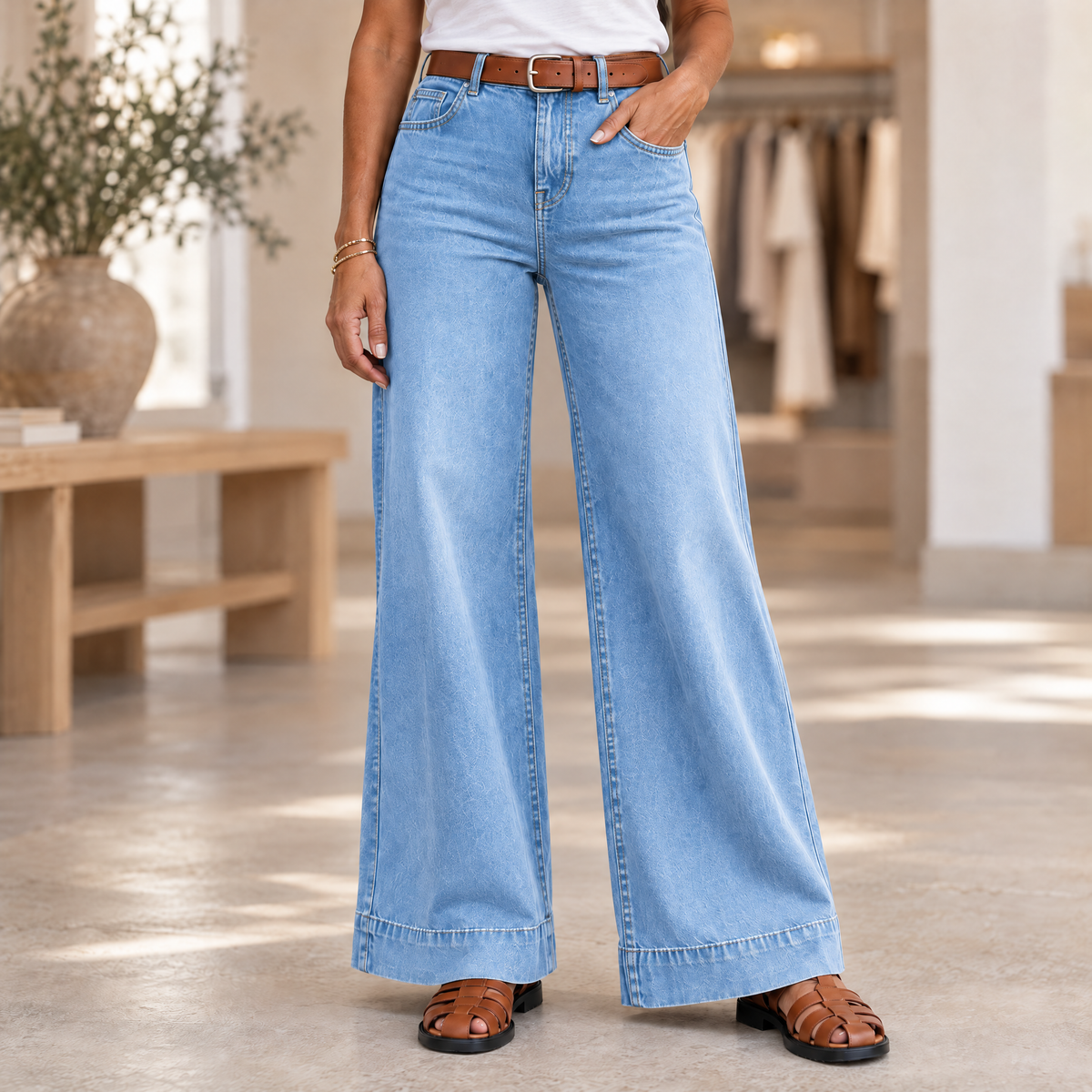 Longline Denim Look Wide-Leg Jeans Wash Blue - Variant