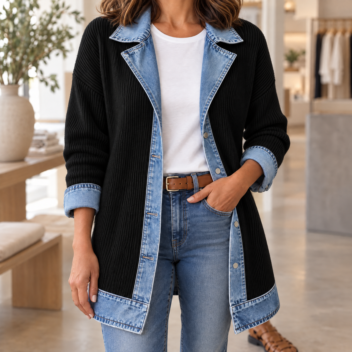 Ribova Ribbed Knit Coat Black Variant