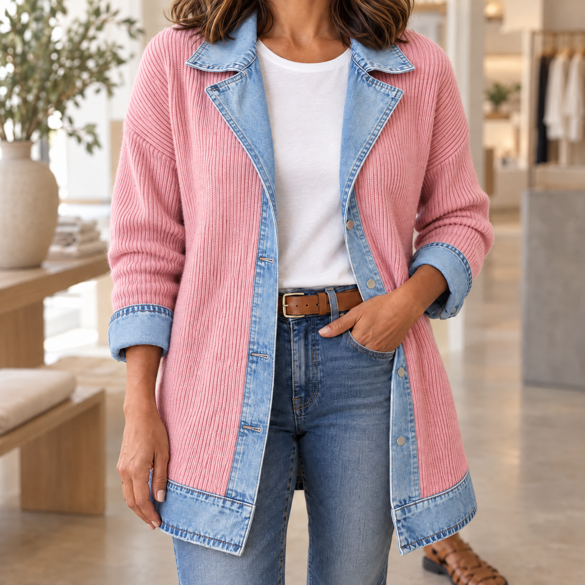 Ribova Ribbed Knit Coat Pink Variant