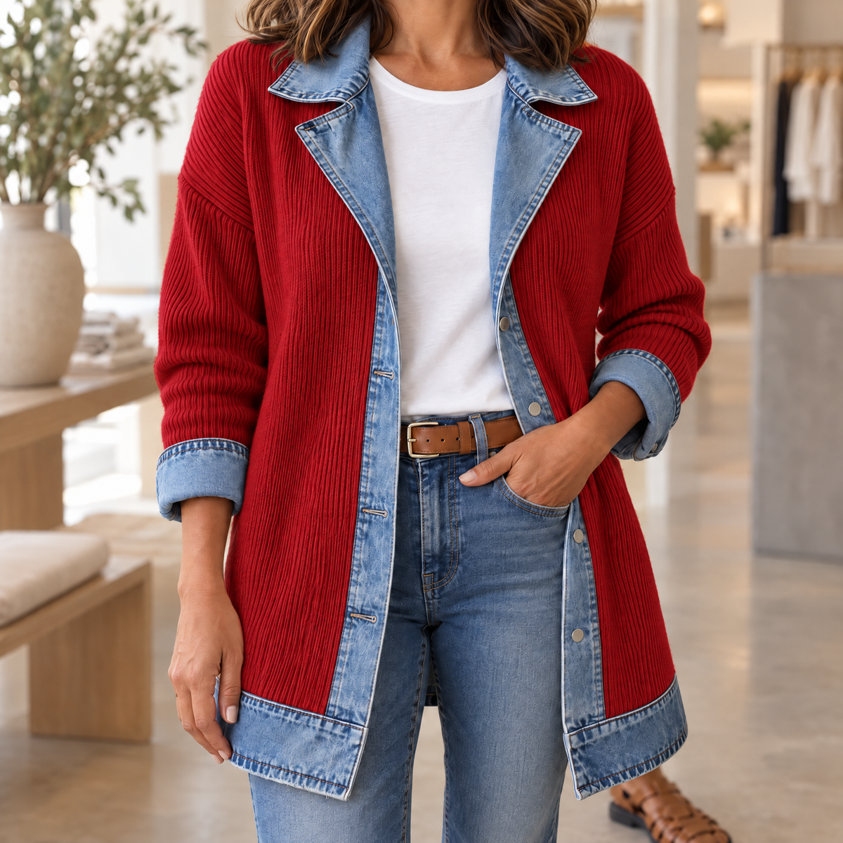 Ribova Ribbed Knit Coat Red Variant